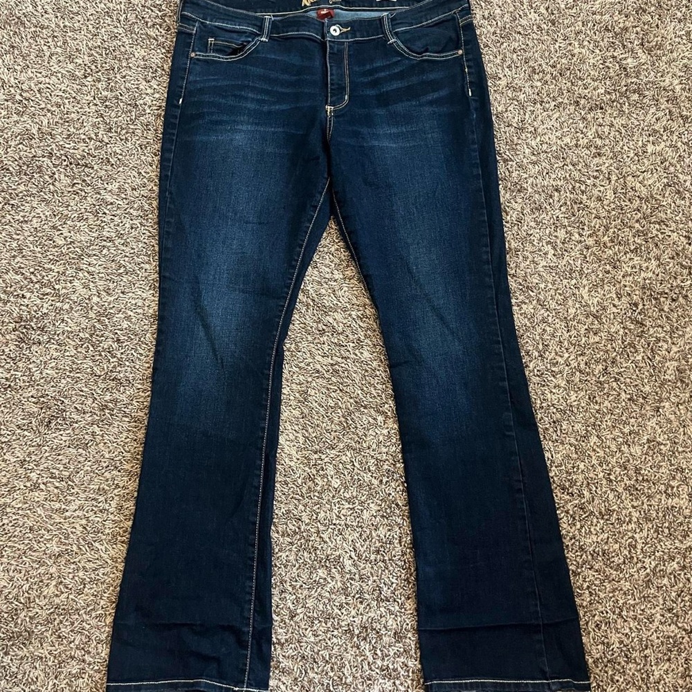 Arizona jeans dark wash boot cut flare with tan stitching y2k